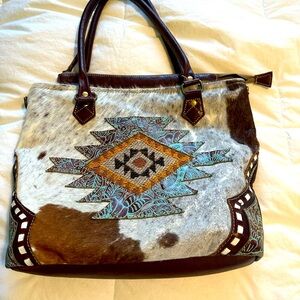 Myra Bag Brown and Cream Tote with Turquoise Accents